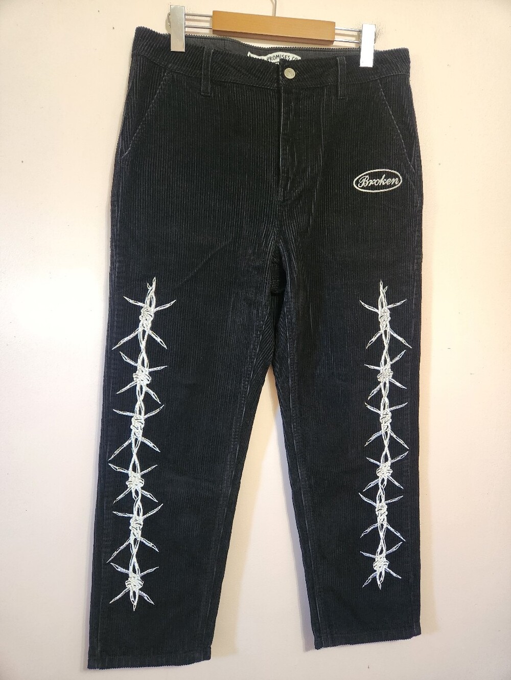 Broken Promises Nashville Black Corduroy Barbed Wire Cobra Embroidered Pants 30
